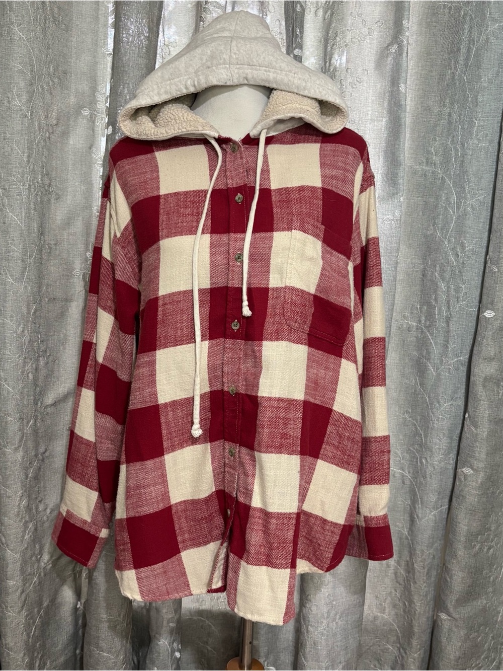 American Eagle Outfitters Red & Cream Plaid Hooded Utility Jacket